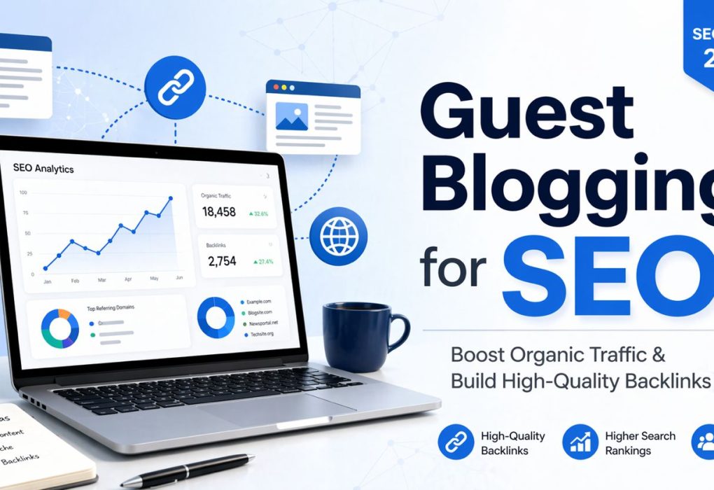 SEO guest blogging illustration with backlink connections and traffic growth chart.