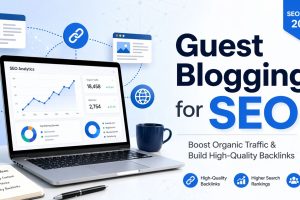 SEO guest blogging illustration with backlink connections and traffic growth chart.