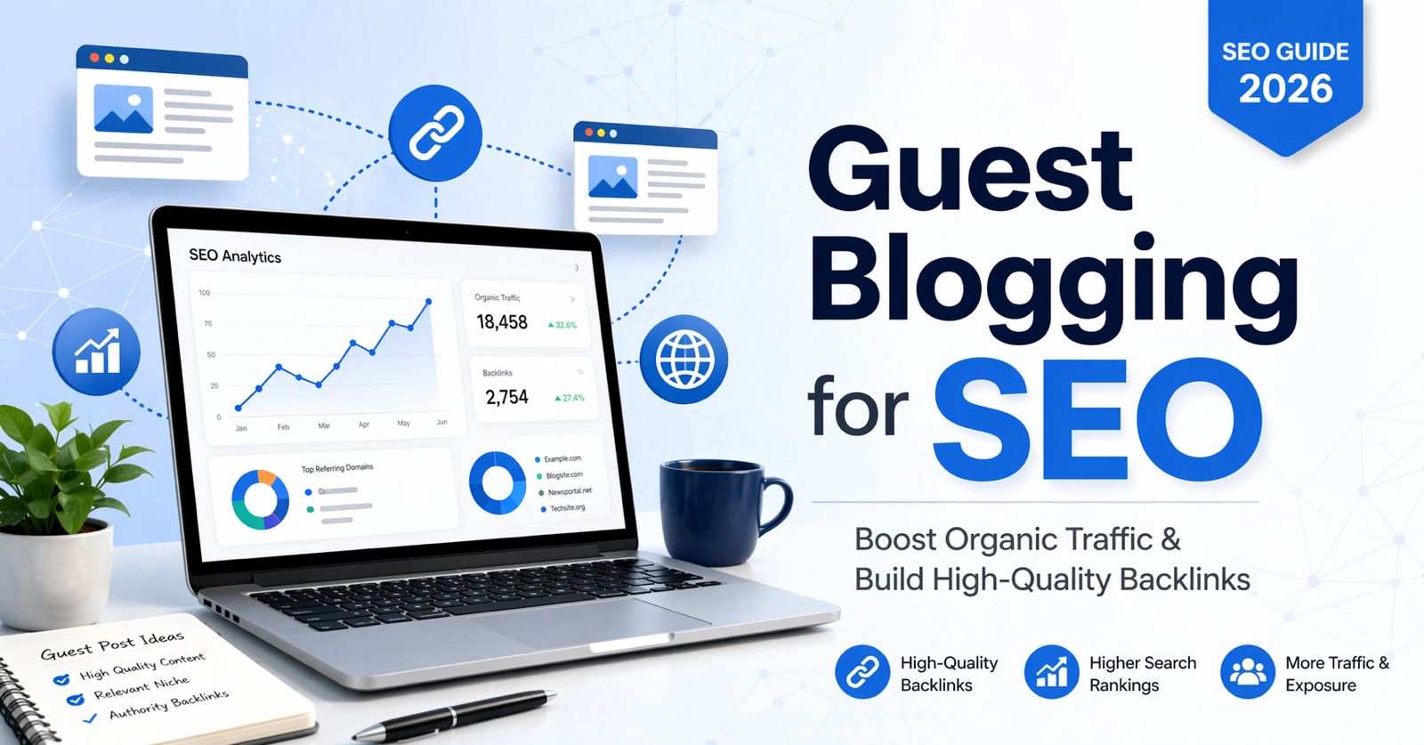 SEO guest blogging illustration with backlink connections and traffic growth chart.